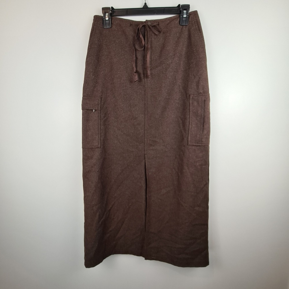 Eddie Bauer Brown Wool Blend Cargo Maxi Skirt Women Size 4 Lined Drawstring Slit